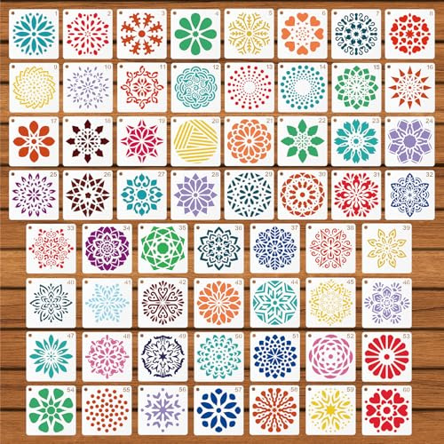 60uds Plantillas de Mandala para Pintar, 5,08x5,08cm Plantilla de Punteado de Mandala Reutilizable PET Plantillas de Dibujo de Arte para Manualidades para Rocas Madera Muebles (Estilo 2)