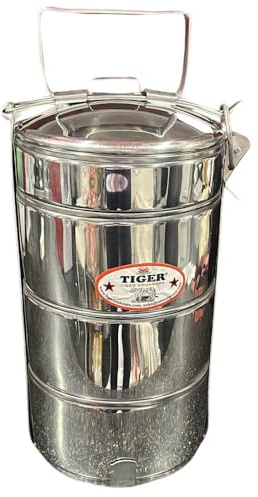 REGRO TIGER 14” Stainless Steel Tiffin Box – 4-Tier Lunch Carrier, Leakproof & Durable, Ergonomic Handle, Portable & Lightweight for Office, School, Travel (Stainless Steel Tiffin)