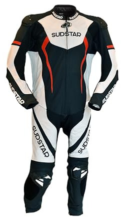 SUDSTAR Tuta da Moto in Pelle SUZUKA, Bianco e Nero, Design Sportivo, Protezioni CE Certificate livello 2, Sistema Thermoline A-Grade, Predisposizione AIRBAG (BIANCO e NERO, M)