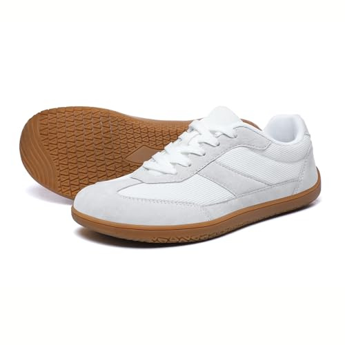 HSQ Barefoot Shoes Women, Fashion Wide Toe Zero Drop Minimalis Lightweight Breathable Sneakers for Women Casual Walking Running Gym Shoes White Grey 8.5