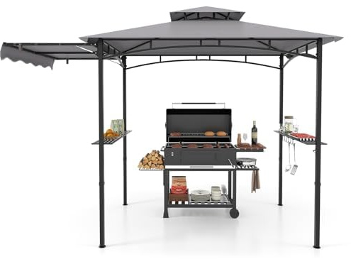 FANTASK Tonnelle pour Barbecue, avec auvent latéral, 2 étagères latérales et Crochets, Double Toit, résistant aux intempéries, abri de Jardin, tonnelle de Jardin, tonnelle de Barbecue, auvent de