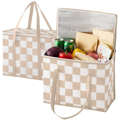Ohocut Beige Checkered Insulated Grocery Bags 2 Pack, Checkerboard Cooler Shopping Bags for Groceries, Insulated Bags for Food Delivery