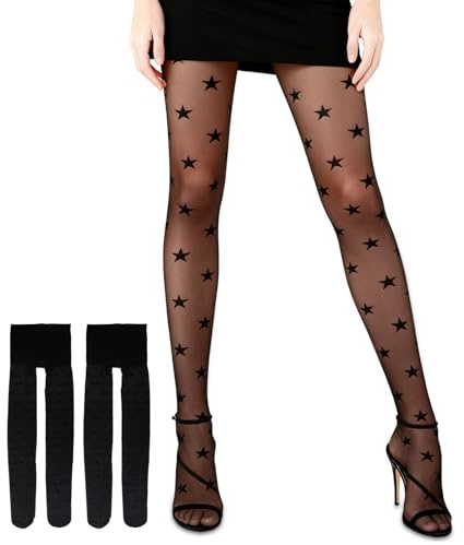 LUSTRIB 2 Pairs Black Star Tights, Transparent Black Patterned Tights, Smooth Cute Black Tight with Star Designs for Girls Women