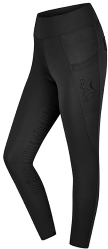 Equinate Damen Reitleggings Jules - Reithose mit Vollbesatz Grip rutschfest und Handytaschen - atmungsaktiv elastisch bequem 38 Schwarz
