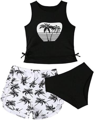 Momkonzz Girls Swimming Costume 3 Pcs Kids Bikini Set for Tween Tankini Top + Bottoms + Swim Shorts Palm Printed 9-13Y（Black 13T