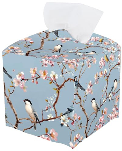 PRESSINART Bird Tissue Box Cover Pink Floral Tissue Box Holder Square Bird on Blossoming Branch Leather Waterproof Facial Paper Organizer Dispenser for Bathroom Bedroom Kitchen Vanity Home Car Office