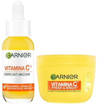 Garnier Routine Anti-Macchie: Siero Vitamina C Viso Potenziato con Niacinamide e Melasyl 30ml e Fresh & Bright Sorbetto Vitamina C Crema Viso Idratante Ultra Leggera 85ml