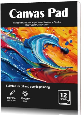 Wsicse Canvas Paper Pad 9 x 12 in, 12 Sheets, 350 GSM, Glue Bound | Canvas-Textured Paper, Single-Sided Glue Binding, For Acrylic, Oil, Gouache And Marker, Portable For Studio Or Travel