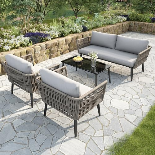 Set di mobili da giardino 4 pezzi, lounge da giardino con divano a 2 posti, 2 poltrone e tavolino in vetro, set lounge da esterno con cuscini, intreccio di corda PE, struttura in acciaio zincato