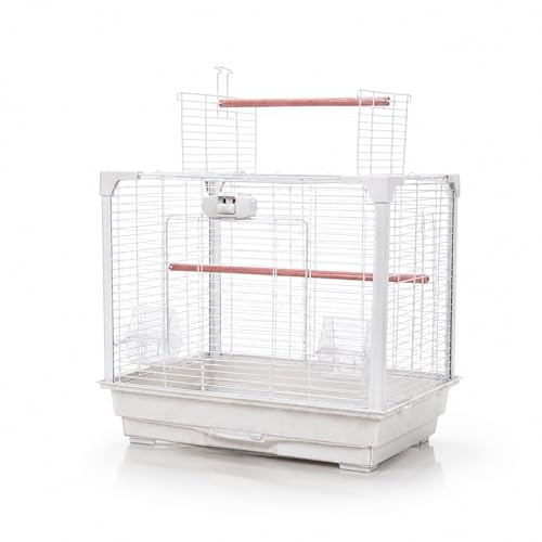 Little Friends Veranda Bird Cage for Budgies, Canaries & Finches - White Top-Opening Cage with Wooden Play Perch & Front Door, 51.5 x 41 x 65 cm