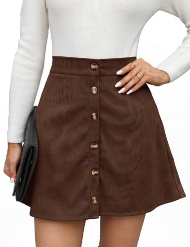 Fashora Jupe Courte Femme Velours Côtelé Taille Haute | Mini jupe, Jupe Trapèze, Chic et Elegant, Taille Elastique, Bouton, Poche, Automne, Hiver