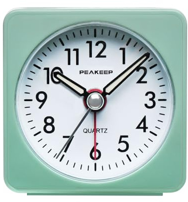 Peakeep Ultra Small, Battery Travel Alarm Clock with Snooze and Light, Silent with No Ticking Analog Quartz (Aquamarine)