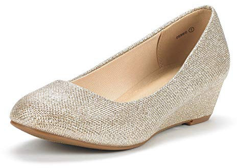 DREAM PAIRS Women's Debbie Mid Wedge Heel Pump Shoes, Gold/Glitter, Size 5