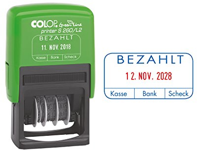 COLOP Printer S260 L2 Green Line Stempel, Text Bezahlt, Abdruck Blau-Rot, Datum Deutsch