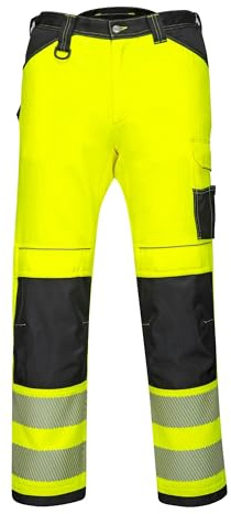 Portwest PW340 PW3 Men's Hi-Vis Cargo Work Trousers with Knee Pads and Pockets - Reflective High Viz Outdoor Safety Workwear, Yellow/Black, 34
