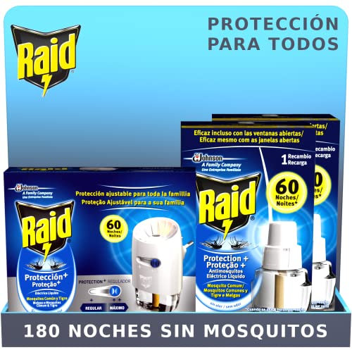 Raid Pack Anti Mosquitos Protección Plus, Contiene 1 difusor eléctrico + 3 recambios, 180 Noches, Incoloro
