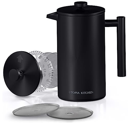 Utopia Kitchen 304 Grade Stainless Steel French Press Coffee Maker 34 Oz, Double Wall Insulated Coffee Press with 4-Level Filtration system, Include 2 Extra Filters, Rust-Free, Black