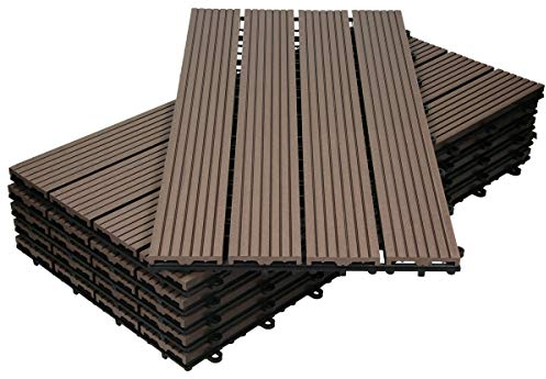 ECD Germany WPC Terrassenfliesen 60x30 cm/12 Stück=2m², Dunkelbraun, geriffelt, Holzoptik, Bodenbelag mit Klicksystem & Drainage, Terrassendielen Balkonfliesen, Klickfliesen für Terrasse Garten Balkon