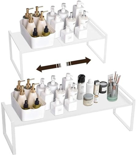 Taotigzu Estantería de Cocina Extensible y Apilable, Organizador Metálico de Almacenaje, 36-60x21x23 cm, Blanco