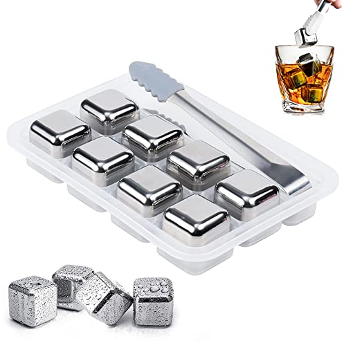 Pietre di Whisky in Acciaio Inossidabile, Cubetti di Ghiaccio per Whisky Riutilizzabili, con clip in Silicone, 8 Pezzi