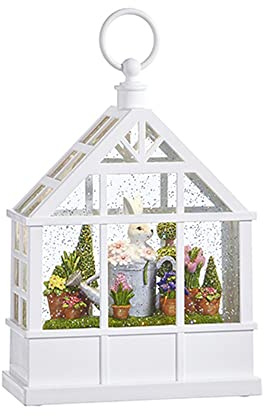 Raz Imports Bunny in Watering Can Lighted Water White Greenhouse 9.5 Inch