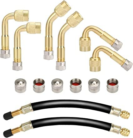 SURIEEN Autoventil Verlängerung Set, 6 Stück Kupfer Ventiladapter 45 90 135 Grad Winkelventil mit 2 Stück 180mm Gummi Reifen Ventilverlängerung für Pkw LKW Auto Motorrad Fahrrad Scooter