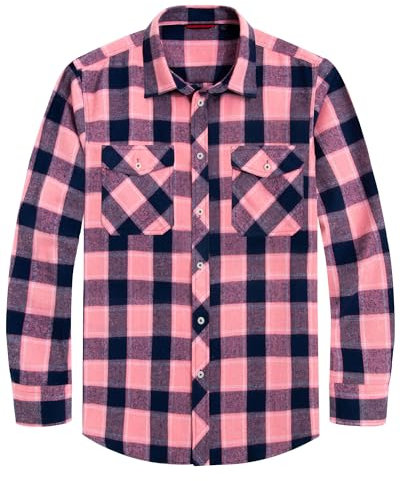 J.VER Flannel Shirt Mens Cotton Long Sleeve Lumberjack Check Shirt Casual Regular Fit Button Down Work Plaid Shirts Pink L