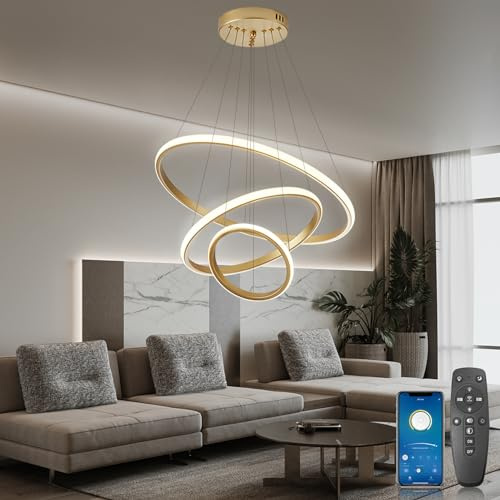 YOODI Modern LED-pendellampa För Matbord, 3 Ringar LED-hänglampa 45W, Dimbar Med Fjärrkontroll Pendellampa 3000K-6000K Linjär Design Pendellampor För Matsal, Vardagsrum(Guld)