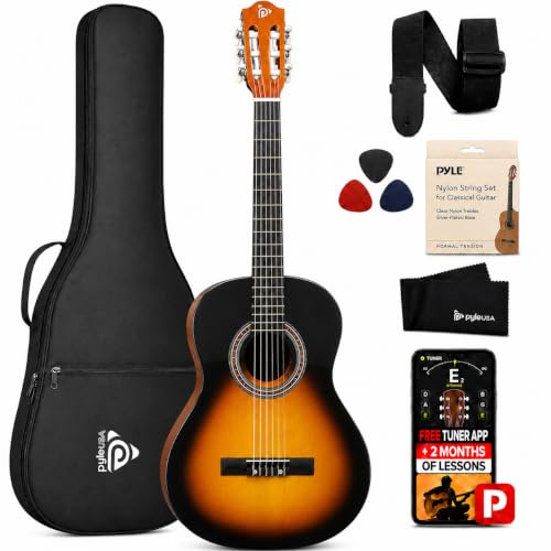 Pyle Ensemble Guitare Acoustique pour Débutants, Instrument en Bois Massif Taille Junior 1/2 pour Enfants et Adultes, 34 Sunburst Teardrop Mat