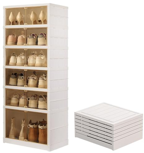UHAPEER Schuh Boxen Faltbar, Schuhaufbewahrung 6-lagige, Schuhe Organizer mit Magnetischer Tür, Aufbewahrungsbox für Schuhe, Transparente Schuhkarton, 12er Set