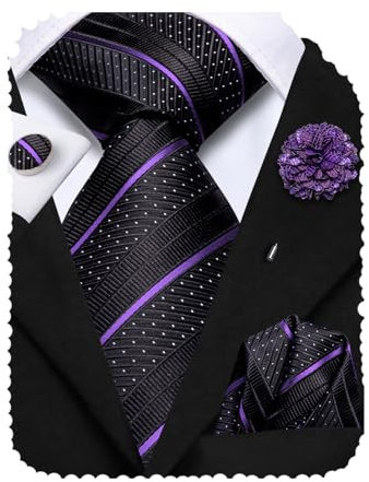 Hi-Tie Black Ties for Men Silk Striped Purple Mens Tie and Flower Lapel Pin Set Classic Dress Necktie for Business Party