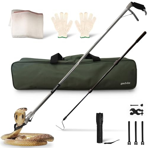goodvibe Snake Grabber Tool Kit – 6 Piece Set 47 Tool Heavy Duty Snake Tongs Long Grabber Hook Gloves Flashlight & Waterproof Bag Snake Handling Tools with Long Grabber for Snake Catching