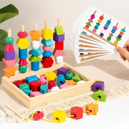 MinXin Montessori Spielzeug ab 2 3 4 Jahre, Holz Sortier & Stapelspielzeug, Holzspielzeug Fädelspiel mit Ablagefach und Karten, Holzperlen Einfädeln Spielzeug, Lernspielzeug für Kleinkinder