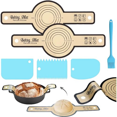 Ptyism 2 Pcs Tondo Tappetino Silicone Forno (Con 3 Raschietto per Impasto e 1 Pennello) 丨Silicone Baking Mat per Forno Olandese, Tappetino da Forno per Pane