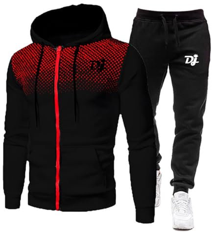 ZYHJZ Tuta da uomo, 2 pezzi, per DJ Pioneer, giacca con cappuccio e cerniera completa e pantaloni da jogging, tute sportive, tute a maniche lunghe con tasche,Black-XL