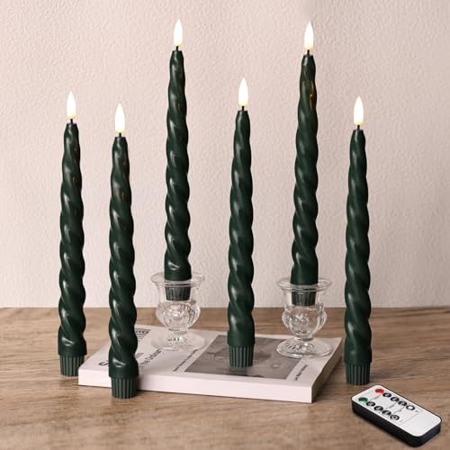 Girimax Spiral Flameless Taper Candles with Remote, Dark Green Candles Battery Operated, Flickering LED Wax Candlesticks Set of 6