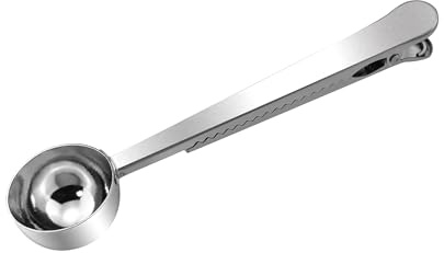 Quacc Stainless Steel Coffee Scoop with Bag Sealing Clip, 2-in-1 Coffee Measuring Scoop for Coffee Beans, Milk Powder, Loose Tea, Spices (Silver)