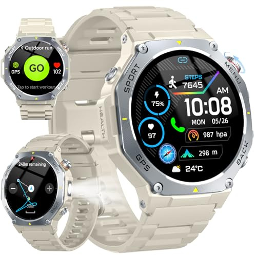 Military Smart Watch for Men Answer/Make Calls, 1.43 AMOLED Smart Watch with GPS/Torch/Compass/Altitude/Heart Rate/Health Monitor/Blood Oxygen, 5ATM Waterproof, 160+ Sports Smartwatch for iOS Android
