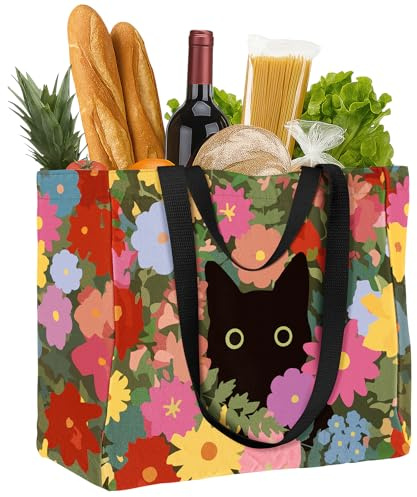 Miss Adola Extra Large Cute Canvas Grocery Bag - Reusable Foldable Washable Heavy Duty Shopping Tote Bag with Long Shoulder Strap, Short Handle and 4 Inner Pockets for Women, Cat Floral