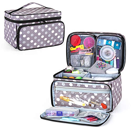 Luxja Nähzubehör Tasche, Nähset Aufbewahrungstasche, Garn Tasche für Wolle, Nähzeug Tragetasche für Anfänger, Reisende, Nähkurse, Grau Punkt