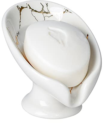 Soap Dish, Soap Holder Self Draining Leaf Shape Soap Dishes, Ceramic Drain Soap Dish for Sink Bathroom Shower Kitchen, Easy to Clean Keeps Soap Dry, Cream White & Gold Marble Pattern, ANTIS'S HOME