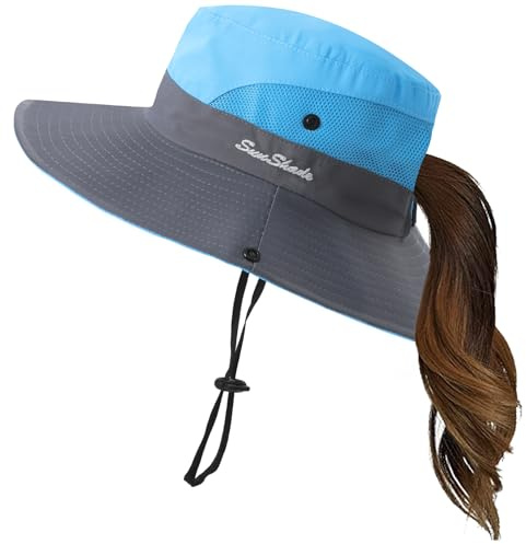 Uhky Sombrero de verano para mujer y hombre, ala ancha, protección UV, plegable, para cola de caballo, para playa, pesca, senderismo, azul celeste, 1