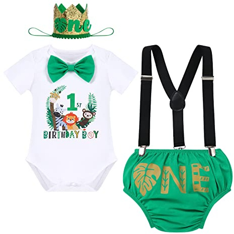 Baby Boy Jungle Safari Animal First 1st Birthday Cake Smash Outfit Cotton Short Sleeve Romper Bodysuit Diaper Cover Shorts Pants Bloomers Y-back Suspenders Crown Headband 4pcs Set Green 12-18 Months