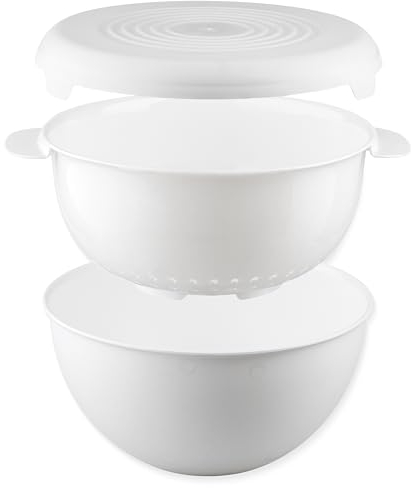 Go Practic Salat Schüssel Set Mit Sieb Und Deckel, 3 Teilig Weiß, 3L Küchenset, Kunststoff Große Plastikschüssel Küchensieb Salatschüssel,