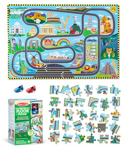 Melissa & Doug Race Around the World Tracks Cardboard Jigsaw Floor Puzzle and Wind-Up Vehicles | Educational Toys for Kids | Age 3+ - FSC Certified