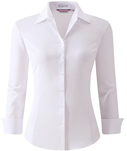 Esabel.C Womens Wrinkle Free Button Down Shirts Long Sleeve Regular Fit Four Way Stretch Work Blouse White M