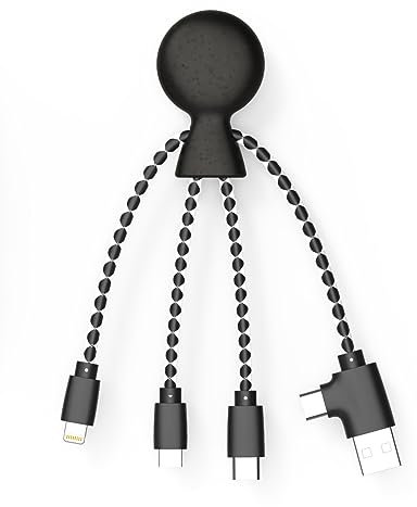 Xoopar - Mr Bio Multi-USB-Kabel 4-in-1 in Krakenform schwarz – Universal-Ladegerät aus recyceltem Kunststoff – USB-Stecker, USB-C, Lightning, Micro-USB für Smartphone Universal