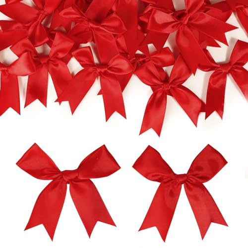 50 Pz Fiocchi Decorativi Albero di Natale Nastro Fiocco per Bomboniere Fiocco Natalizio Fiocchetti Colorati Decorazione Natalizie Biglietti Sacchetti Regalo Matrimonio Compleanno Fai da Te (Rosso)
