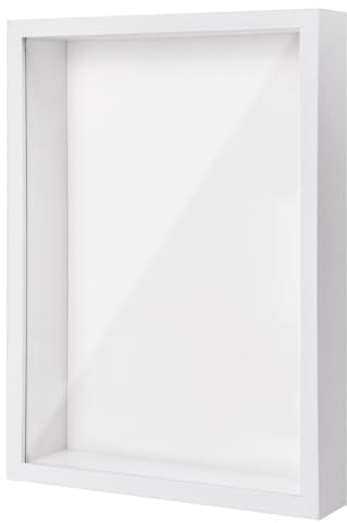 Marcos con Profundidad, 22,7 x 31,4cm Marcos para Cuadros 3D, Marco de Fotos de Madera A4 para Pared y Mesa, Marco de Caja de Sombra, Marco de Objeto Rellenable para Flor Recuerdo Medalla (Blanco 3CM)