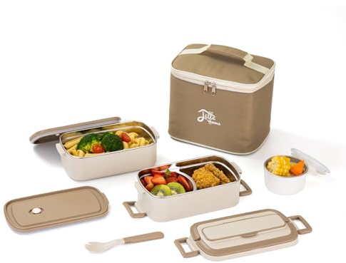 Lille Home 1900 ml Bento-Box für Erwachsene, Lunchbox, Tiffin-Lunch-Snackbox mit Edelstahlfächern, Bento-Lebensmittelbehälter mit 2 Ebenen, stapelbare Lunchbox mit Lunchtasche und Suppenschüssel